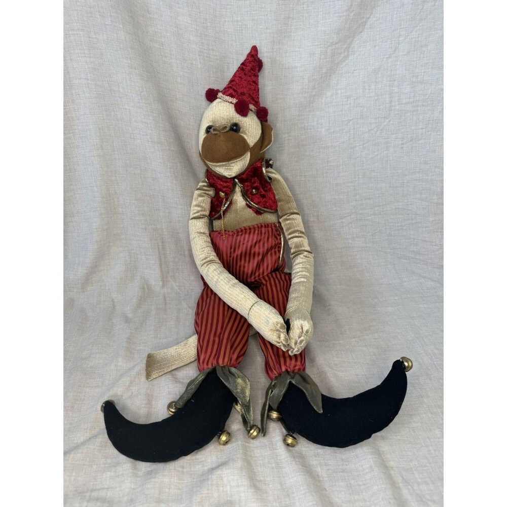 Vintage MARK ROBERTS Monkey Jester Plush 30” Red Orange Striped Pants Christmas